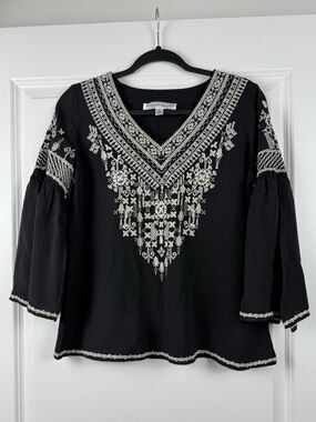 Chelsea & Theodore Black Blouse with White Embroidery